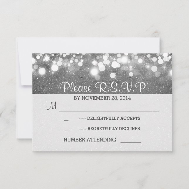 silver glitter string lights romantic wedding RSVP Card (Front)
