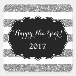 Silver Glitter Stripes Happy New Year 2017 Square Sticker