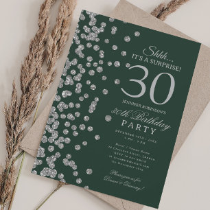 Silver Glitter Surprise 30th Birthday Party Green Invitation