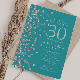 Silver Glitter Surprise 30th Birthday Turquoise  Invitation