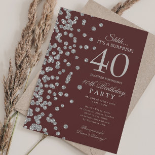  Silver Glitter Surprise 40th Birthday Burgundy  Invitation