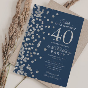  Silver Glitter Surprise 40th Birthday Navy Blue  Invitation