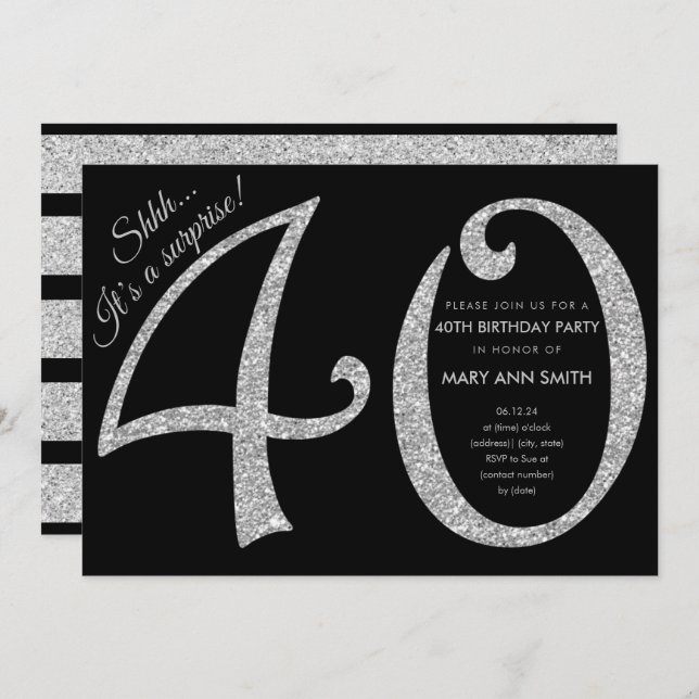 Silver Glitter Surprise 40th Birthday Party Invitation (Front/Back)