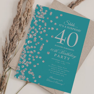  Silver Glitter Surprise 40th Birthday Turquoise  Invitation