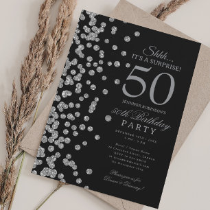 Silver Glitter Surprise 50th Birthday Black Invitation