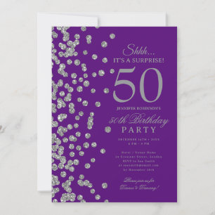 Silver Glitter Surprise 50th Birthday Purple Invitation