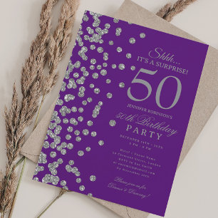 Silver Glitter Surprise 50th Birthday Purple Invitation