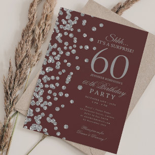 Silver Glitter Surprise 60th Birthday Burgundy Invitation