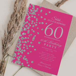 Silver Glitter Surprise 60th Birthday Hot Pink Invitation