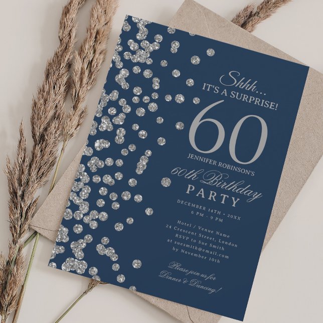 Silver Glitter Surprise 60th Birthday Navy Blue  Invitation (Silver Glitter Surprise 60th Birthday Navy Blue Invitation)