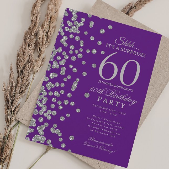 Silver Glitter Surprise 60th Birthday Purple Invitation (Silver Glitter Surprise 60th Birthday Purple Invitation)