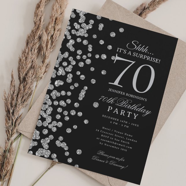  Silver Glitter Surprise 70th Birthday Black Invitation (Silver Glitter Surprise 70th Birthday Black Invitation)