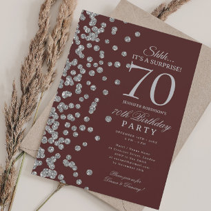 Silver Glitter Surprise 70th Birthday Burgundy Invitation