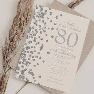 Silver Glitter Surprise 80th Birthday Champagne Invitation