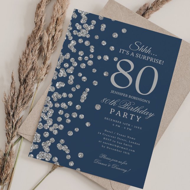  Silver Glitter Surprise 80th Birthday Navy Blue Invitation (Silver Glitter Surprise 80th Birthday Navy Blue Invitation)