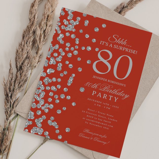  Silver Glitter Surprise 80th Birthday Red  Invitation (Silver Glitter Surprise 80th Birthday Red Invitation)