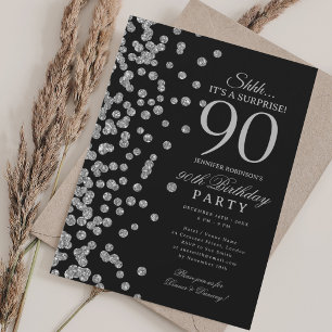 Silver Glitter Surprise 90th Birthday Black Invitation