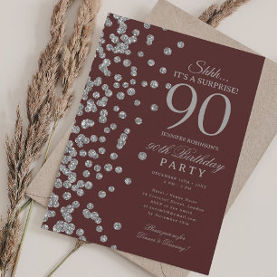  Silver Glitter Surprise 90th Birthday Burgundy  Invitation