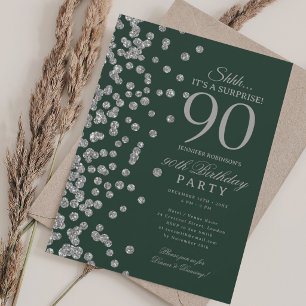 Silver Glitter Surprise 90th Birthday Green Invitation