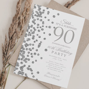 Silver Glitter Surprise 90th Birthday Party Invitation