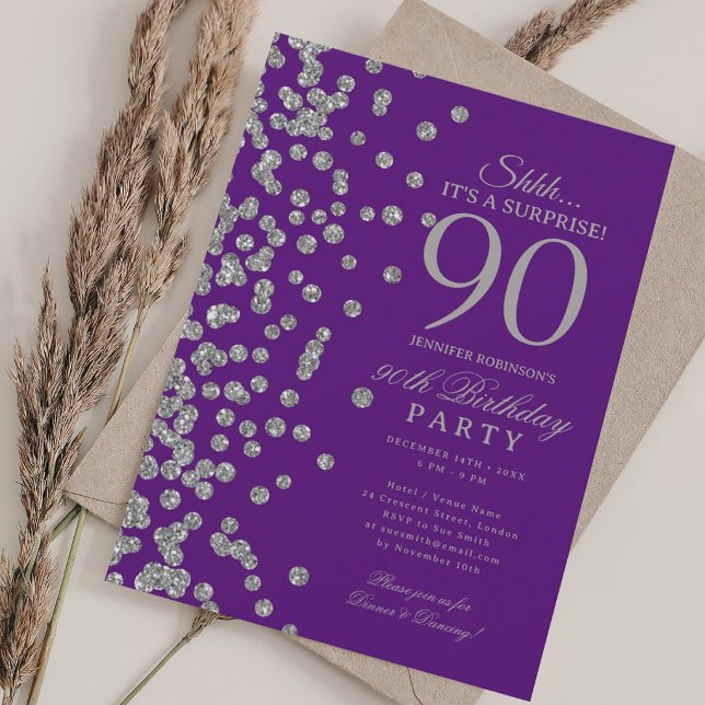  Silver Glitter Surprise 90th Birthday Purple  Invitation (Silver Glitter Surprise 90th Birthday Purple Invitation)