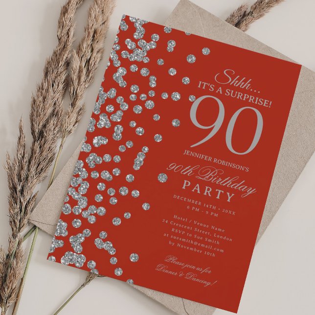 Silver Glitter Surprise 90th Birthday Red  Invitation (Silver Glitter Surprise 90th Birthday Red Invitation)