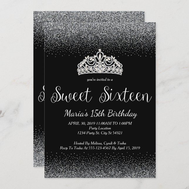 Silver Glitter, Sweet 16 Invitations (Front/Back)