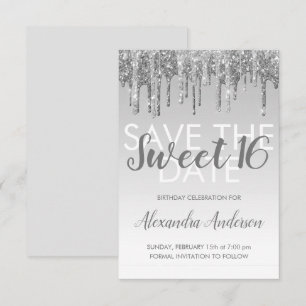 Silver Glitter Sweet 16 Save the Date Invitation