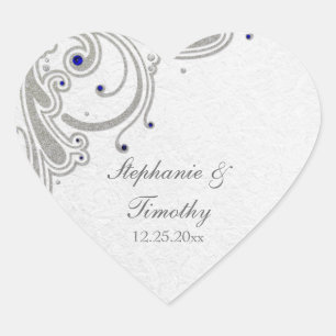 Silver glitter swirls + blue jewel wedding sticker