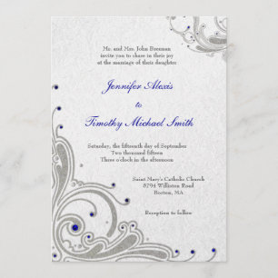 Silver glitter swirls + blue jewels wedding invite