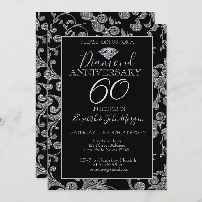 Silver Glitter Swirls Diamond Wedding Anniversary Invitation (Front/Back)