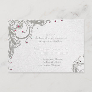 Silver glitter swirls + pink jewels wedding RSVP