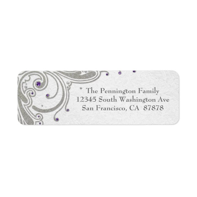 Silver glitter swirls + purple jewel address label (Front)