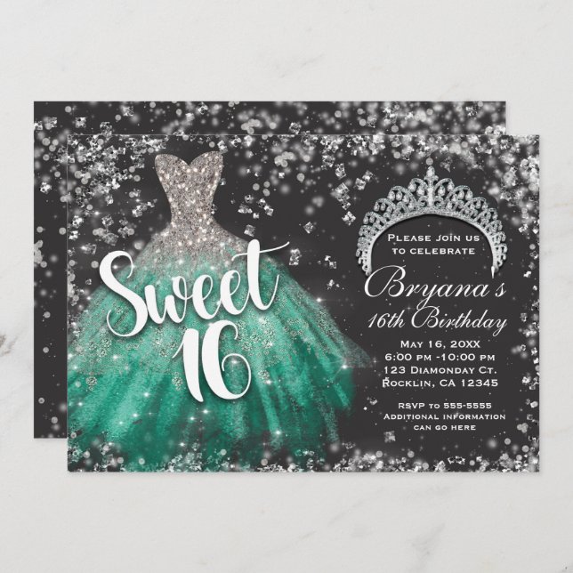 Silver Glitter Teal Dress Tiara Dark Sweet 16 Invitation (Front/Back)