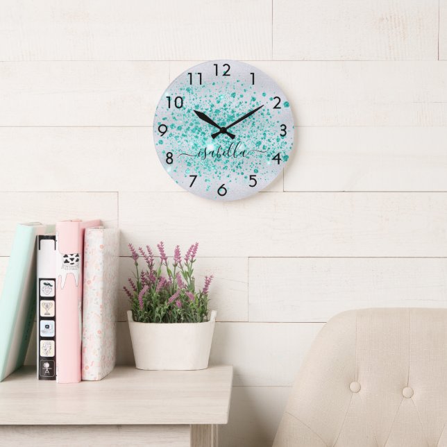 Silver glitter teal green name script large clock (Reading Room)