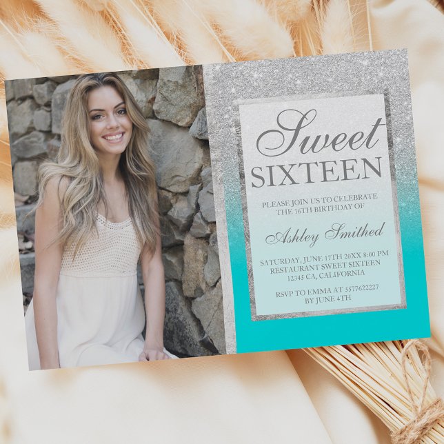 Silver glitter teal ombre photo Sweet 16 Invitation (Creator Uploaded)