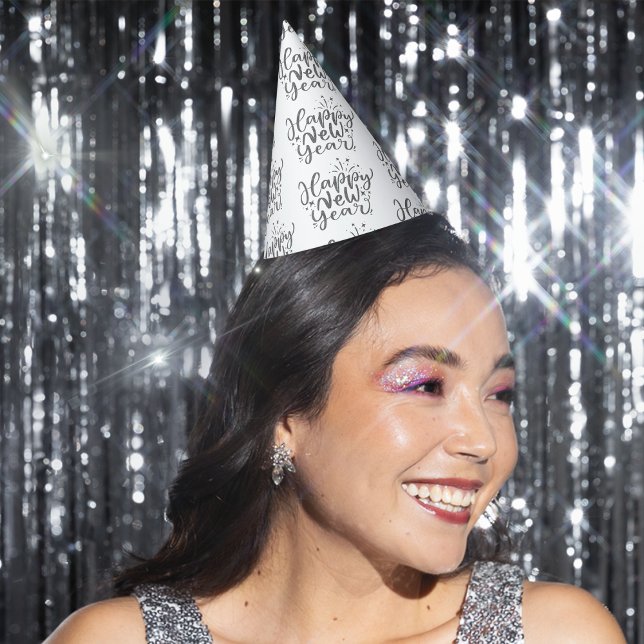 Silver Glitter Text Pattern Happy New Year Party Hat (Creator Uploaded)