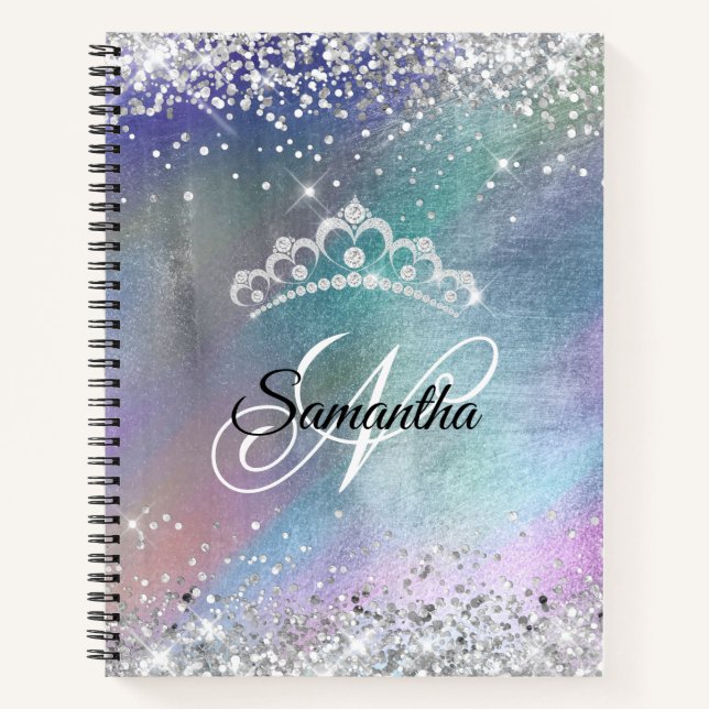 Silver Glitter Tiara Colourful Foil Fancy Monogram Notebook (Front)
