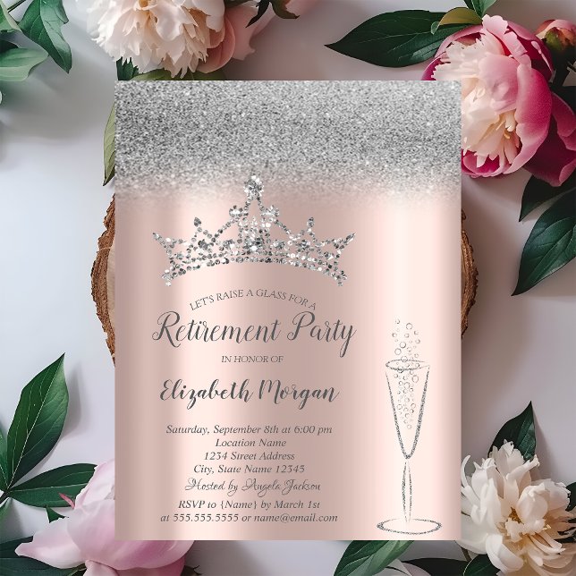 Silver Glitter Tiara Glass Rose Gold Retirement  Invitation (Creator Uploaded)