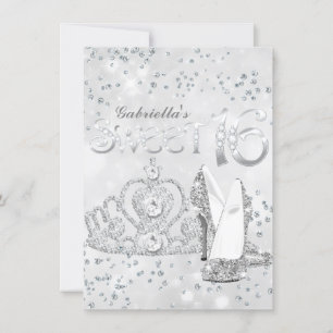 Silver Glitter Tiara & Heels Sweet 16 Invite