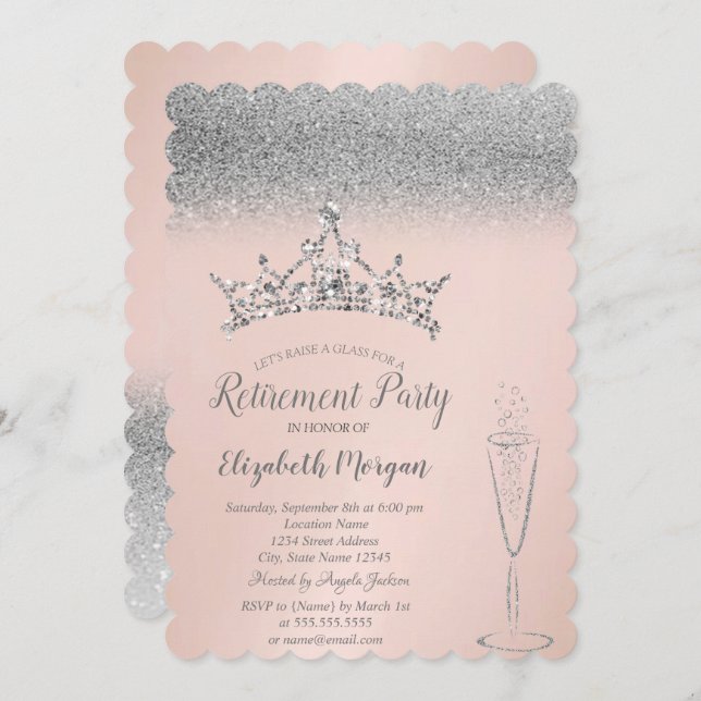 Silver Glitter Tiara Wine Glass Retirement  Invitation (Front/Back)