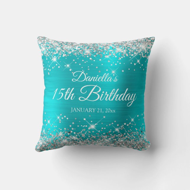 Silver Glitter Turquoise Blue 15th Birthday Cushion (Back)