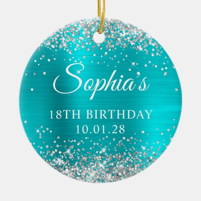 Silver Glitter Turquoise Blue 18th Birthday Photo Ceramic Tree Decoration (Front)