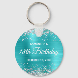 Silver Glitter Turquoise Blue Foil 18th Birthday Key Ring