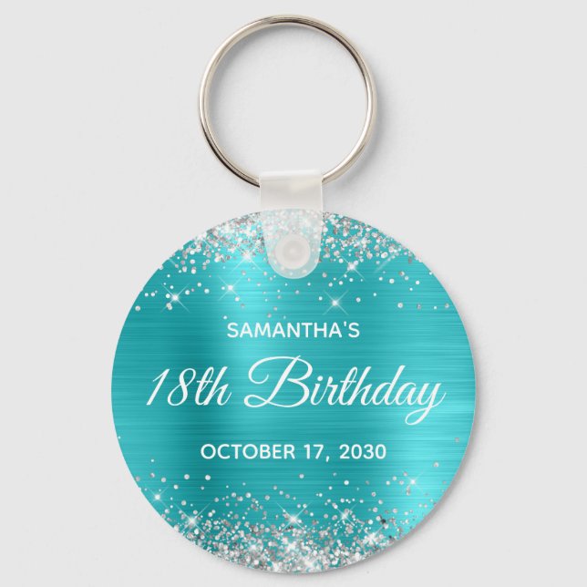 Silver Glitter Turquoise Blue Foil 18th Birthday Key Ring (Front)