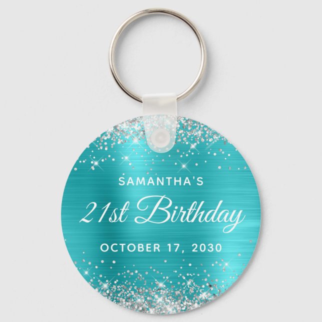Silver Glitter Turquoise Blue Foil 21st Birthday Key Ring (Front)