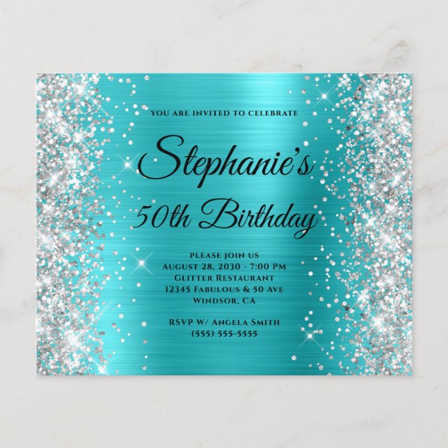 Silver Glitter Turquoise Blue Foil 50th Birthday Flyer (Front)