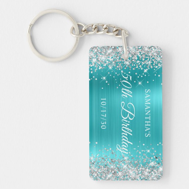 Silver Glitter Turquoise Blue Foil 50th Birthday Key Ring (Front)
