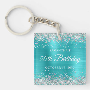 Silver Glitter Turquoise Blue Foil 50th Birthday Key Ring