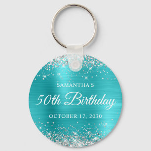 Silver Glitter Turquoise Blue Foil 50th Birthday Key Ring